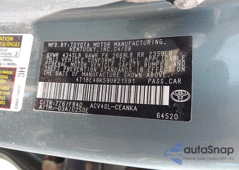 2009 Toyota Camry Le из США, поврежденный, VIN 4T1BE46K59U821591